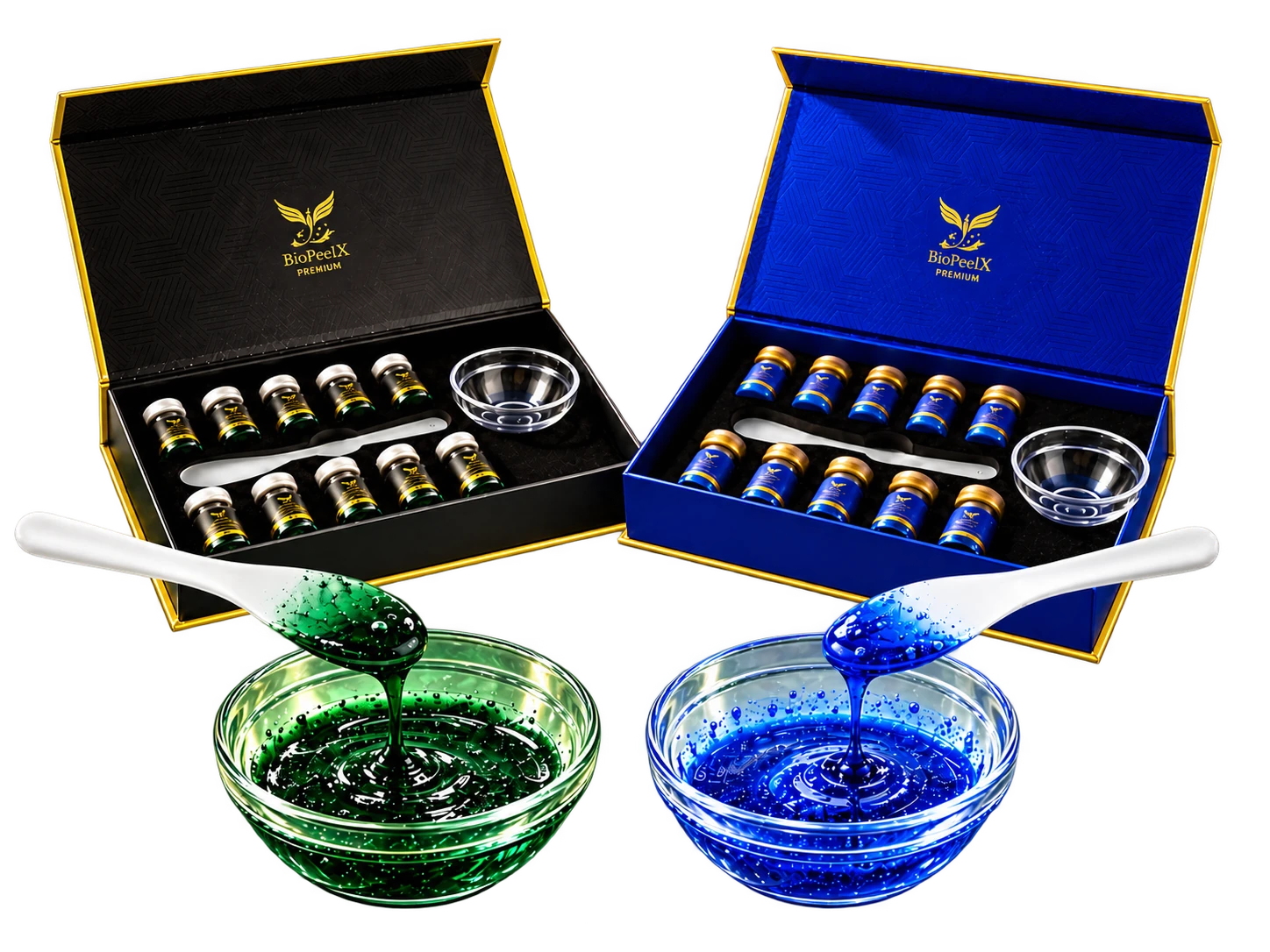 BiopeelX Premium and Blue Series with green and blue skincare components